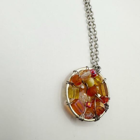 Sterling Silver 925 Wire Wrapped Round Orange Bead Pendant Beaded Chain Necklace - Picture 2 of 8